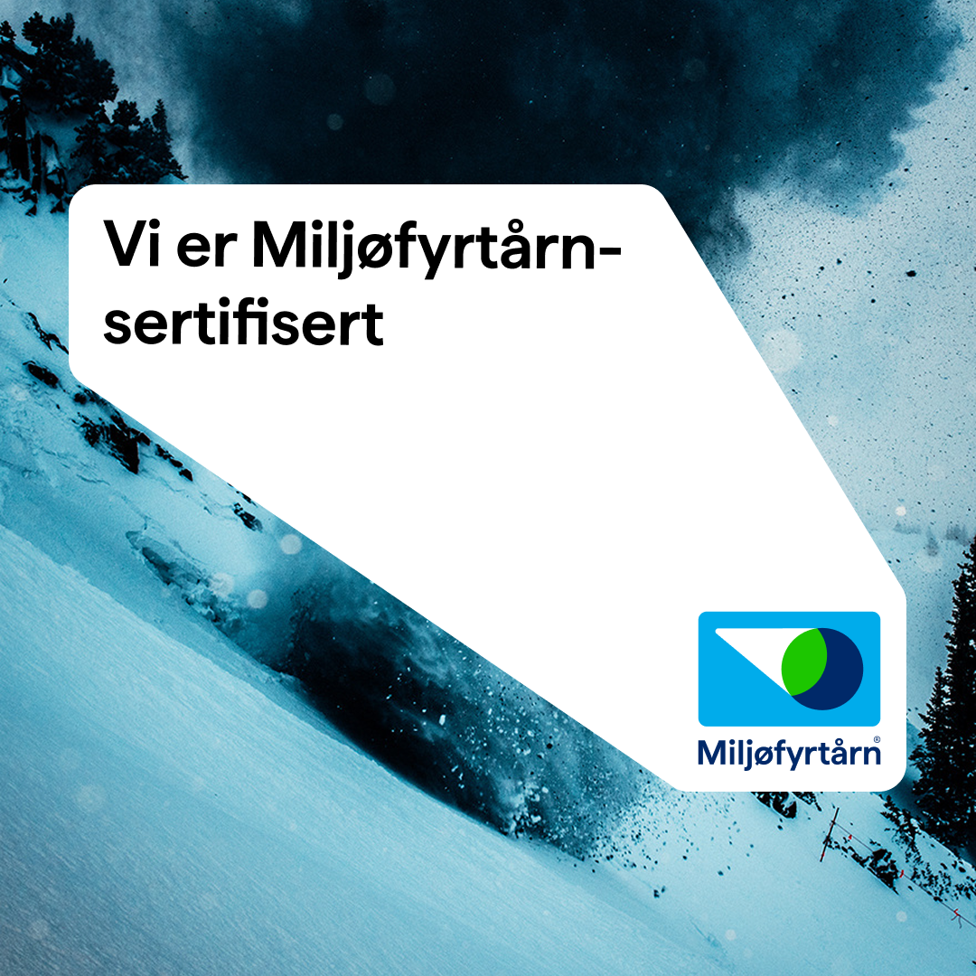 Miljøfyrtårn-logo med tekst: Vi er Miljøfyrtårn-sertifisert.